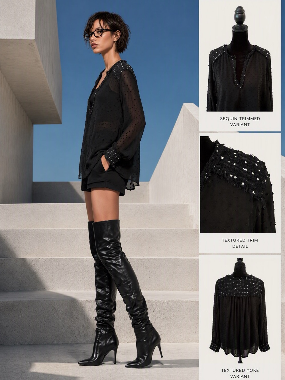 Zara Black Beaded Swiss Dot V-Neck Blouse